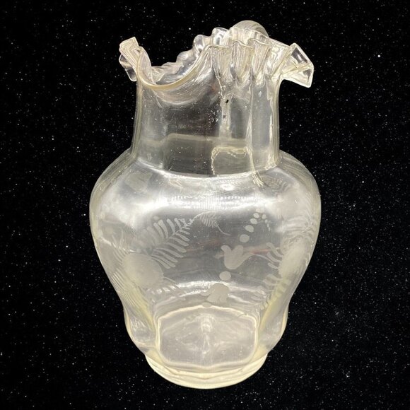 Art Glass Etched Ruffled Edge Applied Handle Pitcher Hand Blown 9”T 6.5”W - Picture 3 of 8